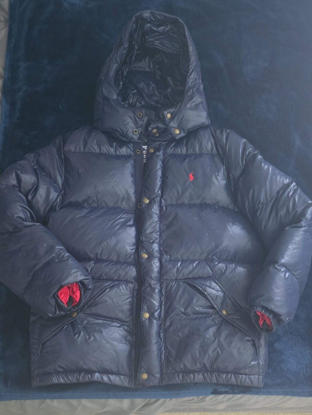 Polo by Ralph Lauren Navy Puffer Jacket with Red Logo & Cuff Accents